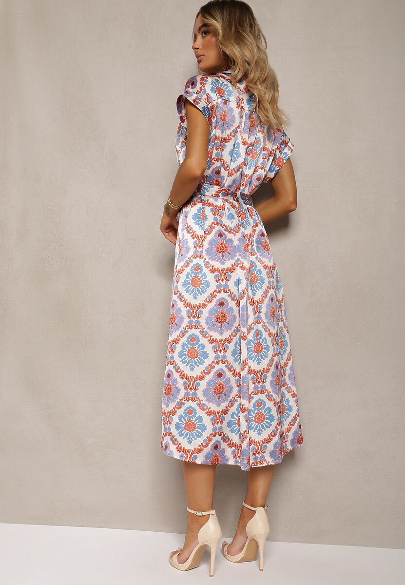Rochie boho albastră și roz evazată cu viscoză cu croială de cămașă decorată cu curea Josofia 3
