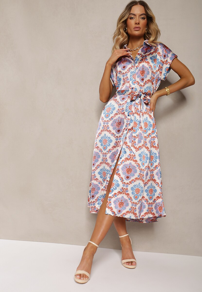 Rochie boho albastră și roz evazată cu viscoză cu croială de cămașă decorată cu curea Josofia 2