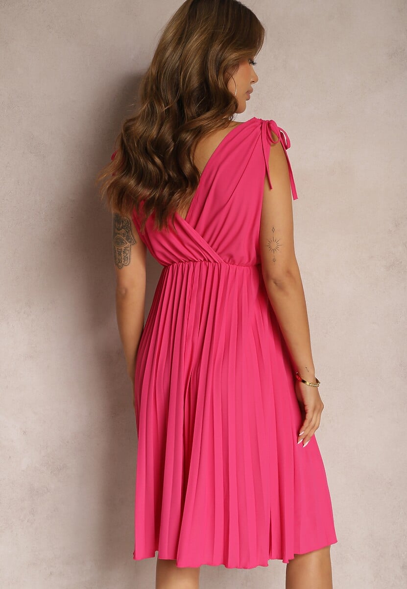 Rochie Fucsia Pliată cu Vâscoză și Bumbac cu Decolteu Triunghiular și Elastic în Talie Liramla 3