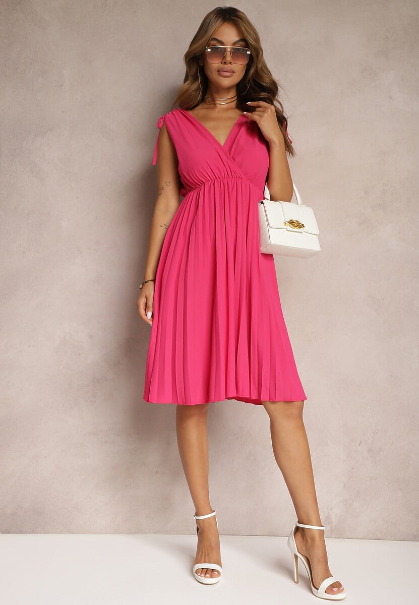 Rochie Fucsia Pliată cu Vâscoză și Bumbac cu Decolteu Triunghiular și Elastic în Talie Liramla 2