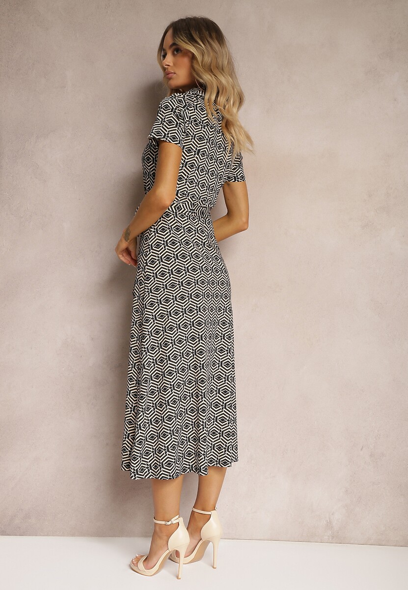 Rochie Cămașă Neagră cu Model Geometric cu Nasturi Xarrah 3