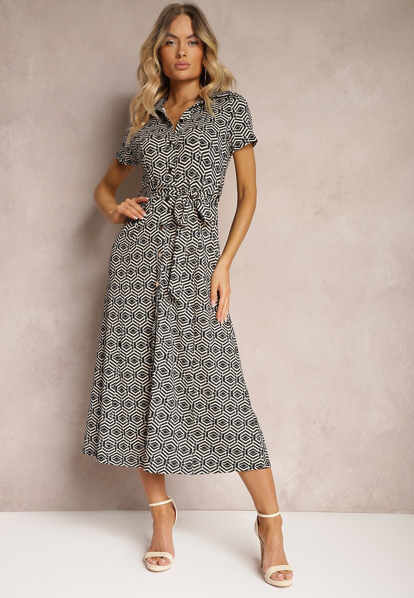 Rochie Cămașă Neagră cu Model Geometric cu Nasturi Xarrah 1
