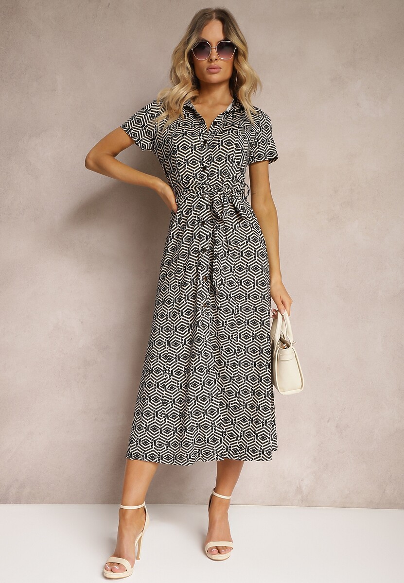Rochie Cămașă Neagră cu Model Geometric cu Nasturi Xarrah 2