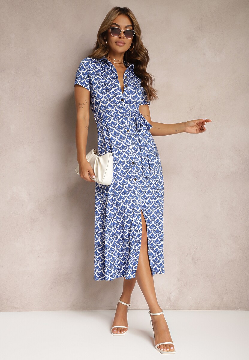 Rochie bleumarin-albă cambrată cu viscoză cu croială de cămașă cu nasturi și curea Cosofia 2