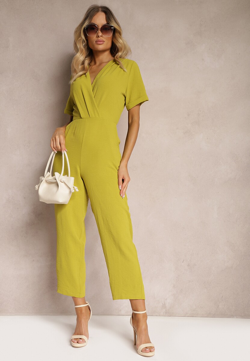 Jasnozielony Kombinezon z Kopertowym Dekoltem i Krótkimi Rękawami z Wiskozą Coridsa 2