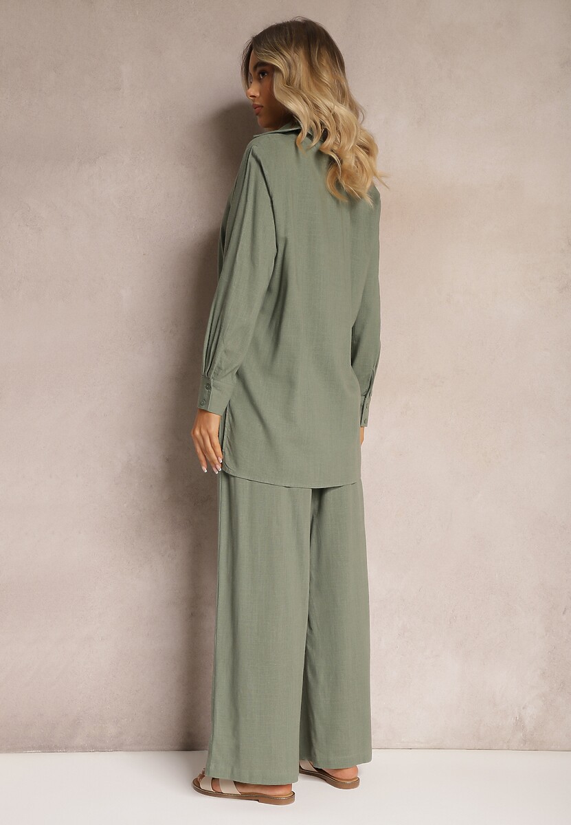 Set Verde Viscoză Pantaloni Largi cu Elastic în Talie Cămașă cu Nasturi Tinamars 3