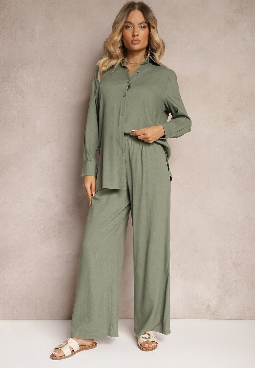 Set Verde Viscoză Pantaloni Largi cu Elastic în Talie Cămașă cu Nasturi Tinamars 2