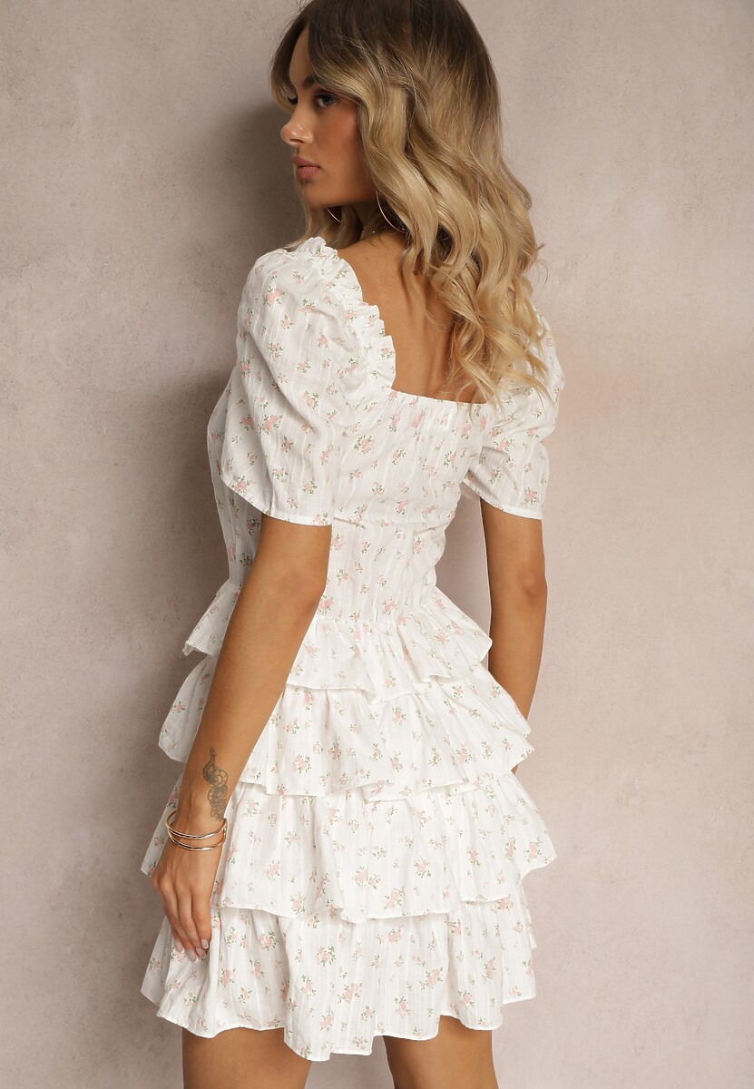 Rochie din Bumbac Cloș Albă cu Elastic în Talie cu Flori Mici Timariah 3
