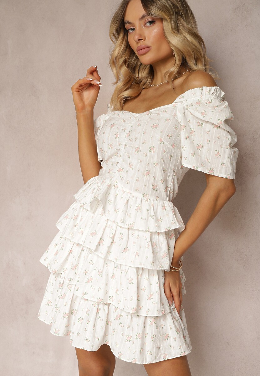Rochie din Bumbac Cloș Albă cu Elastic în Talie cu Flori Mici Timariah 1
