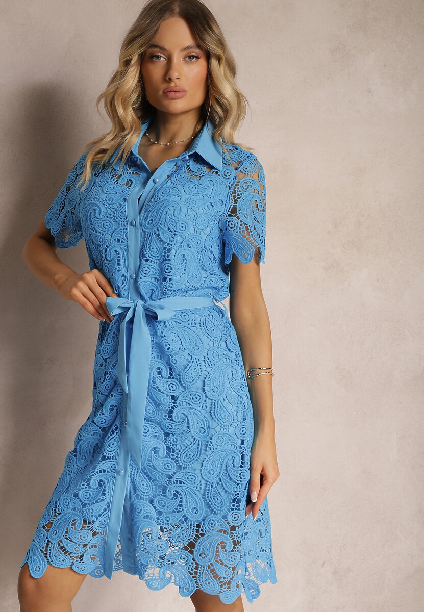 Rochie Cămașă Midi din Dantelă Albastră cu Curea Azariela 1