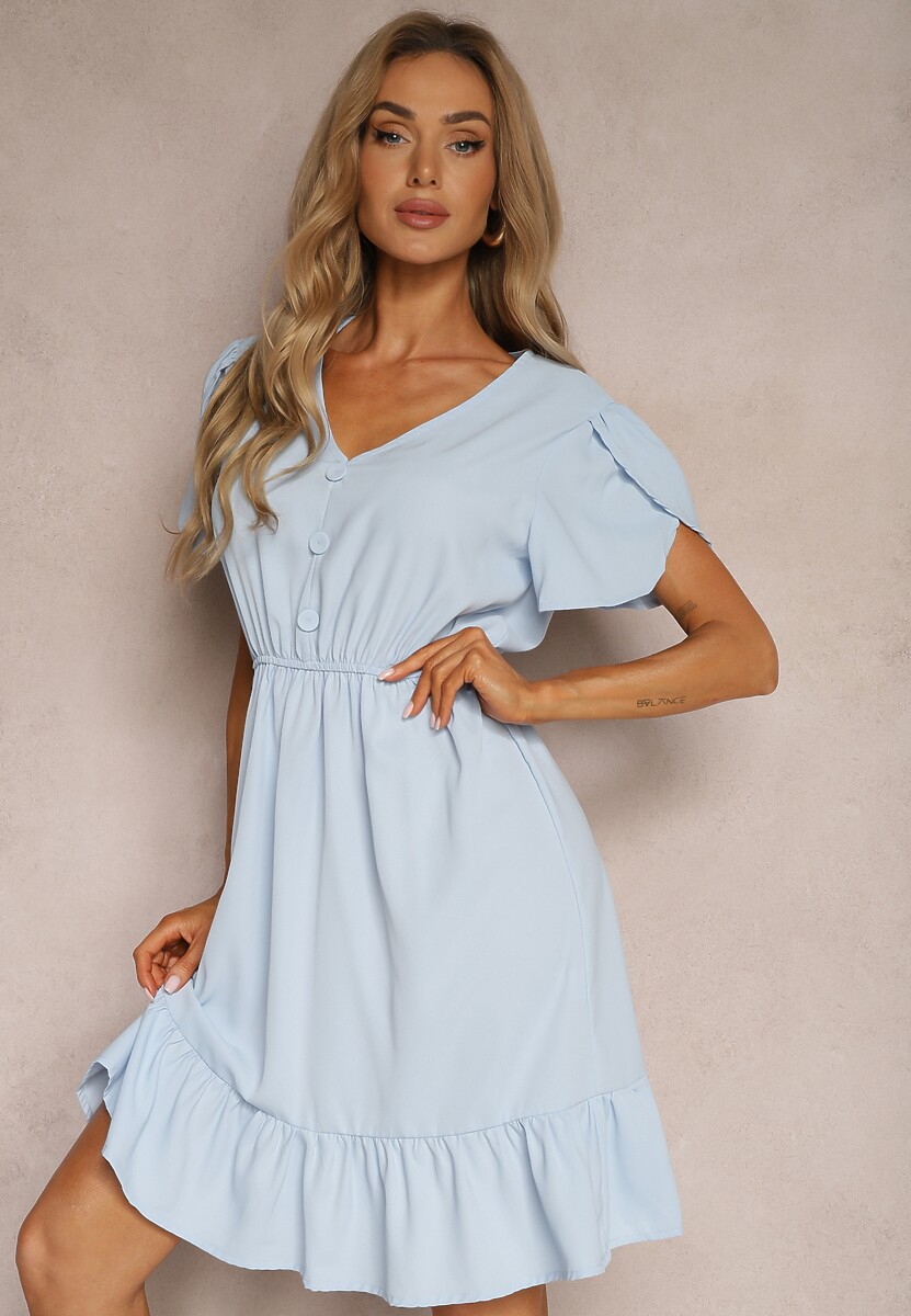 Rochie Albastru deschis cu Elastic în Talie și Volane cu Croi Evazat Xelimia 1