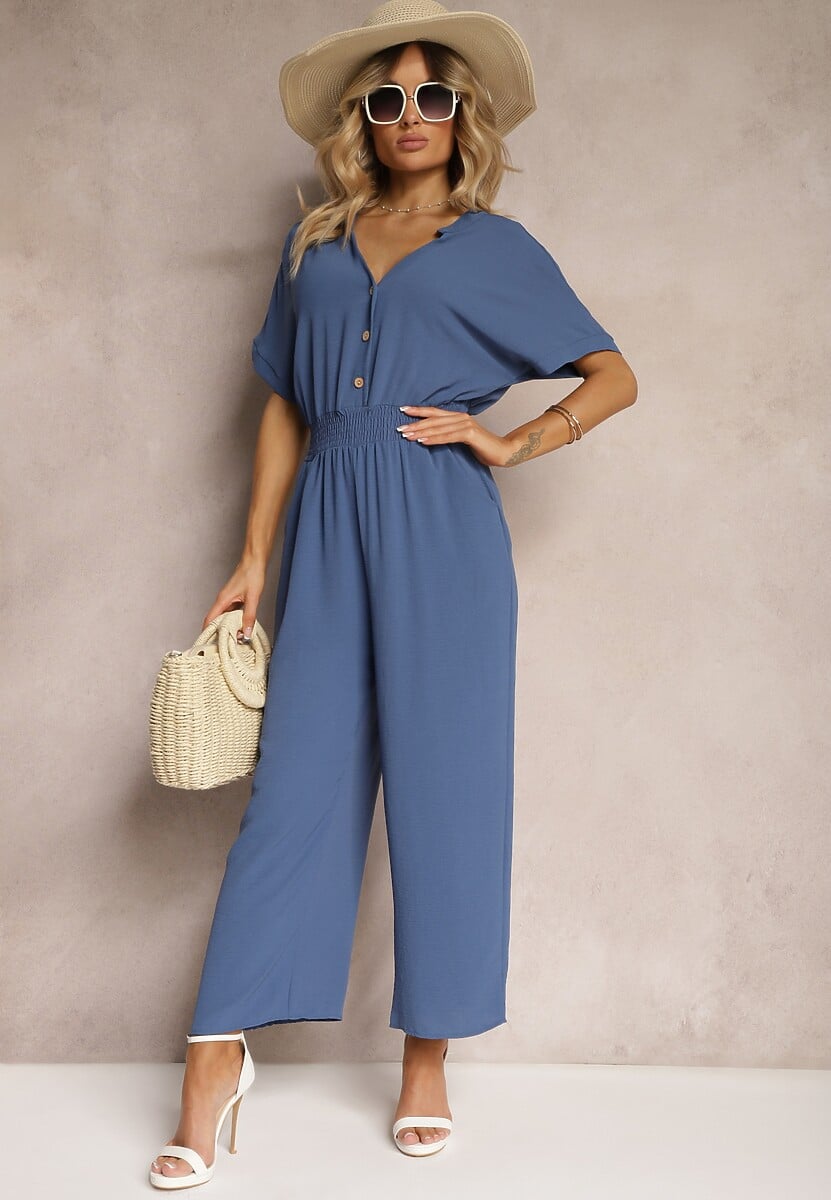 Bleumarin Costum Jumpsuit din Viscoză cu Nasturi Frisea 2