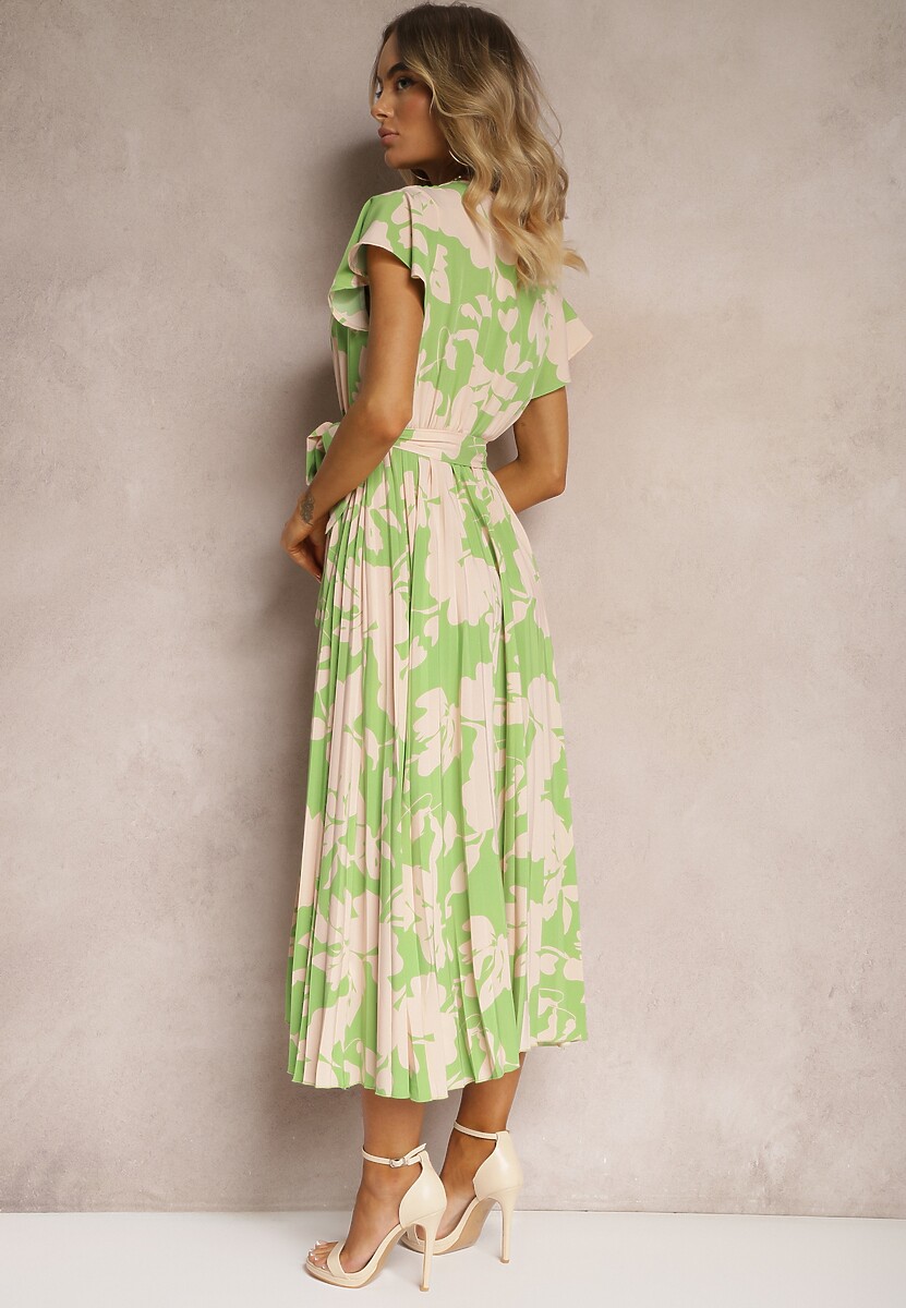 Rochie plisată cocktail verde-bej cu elastic și curea în talie Benelsea 3