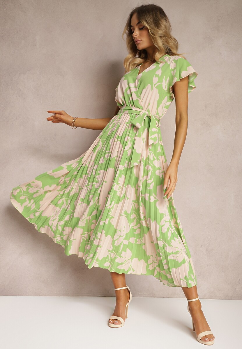 Rochie plisată cocktail verde-bej cu elastic și curea în talie Benelsea 1