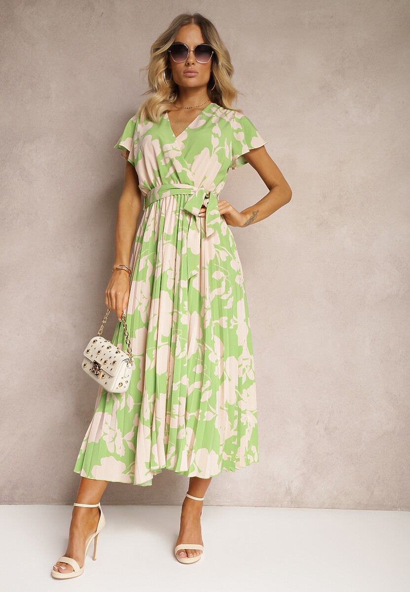 Rochie plisată cocktail verde-bej cu elastic și curea în talie Benelsea 2