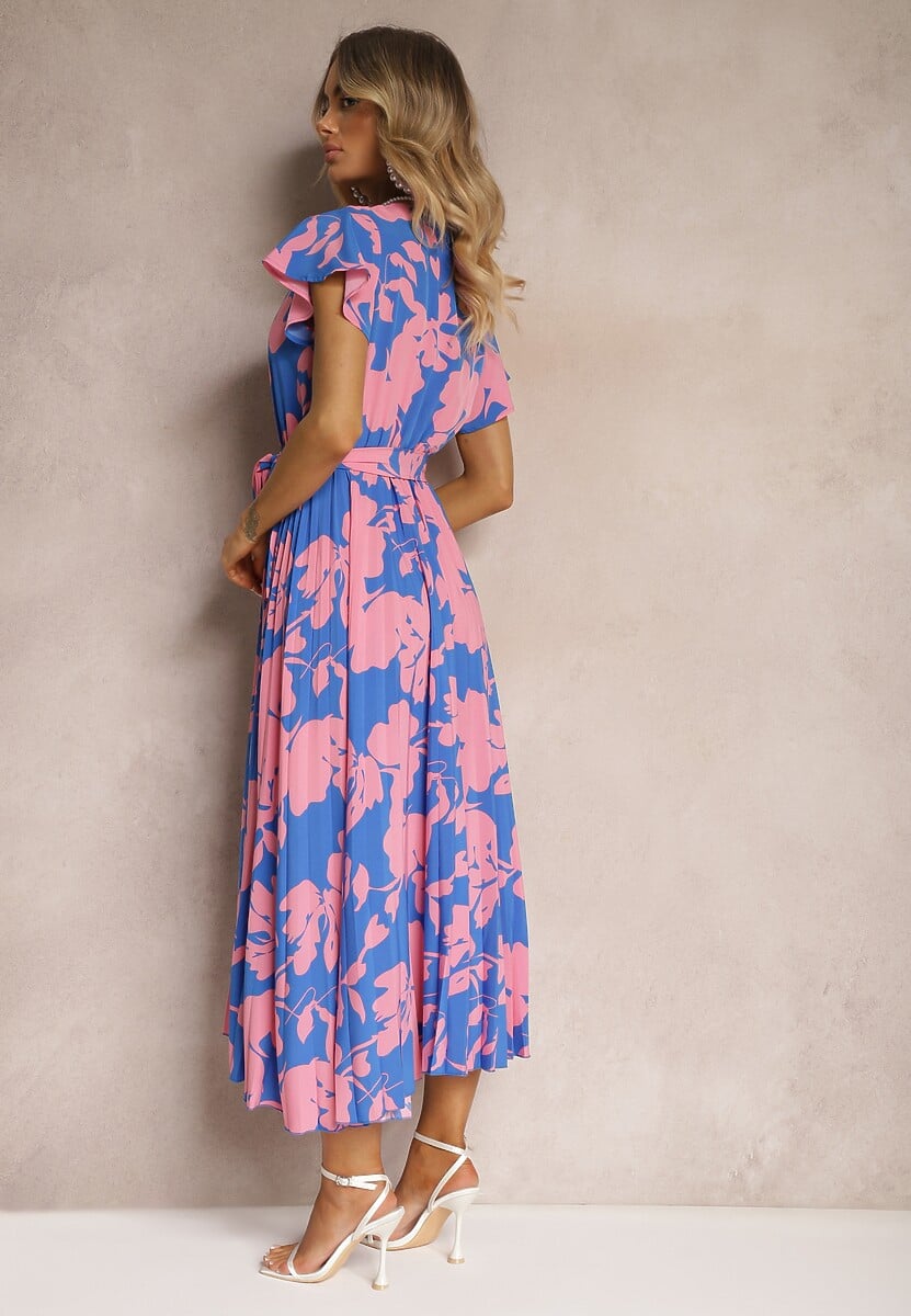 Rochie plisată tip plic de culoare albastru-roz, cocktail, cu elastic și curea în talie Benelsea 3