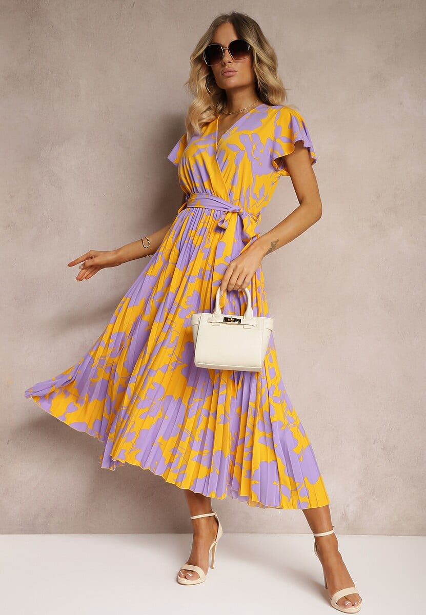 Rochie plisată de cocktail galbenă-violet cu elastic și curea în talie Benelsea 1