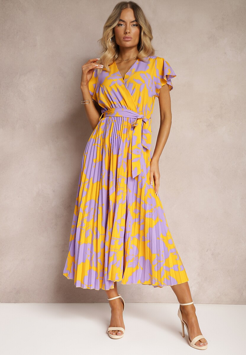 Rochie plisată de cocktail galbenă-violet cu elastic și curea în talie Benelsea 2