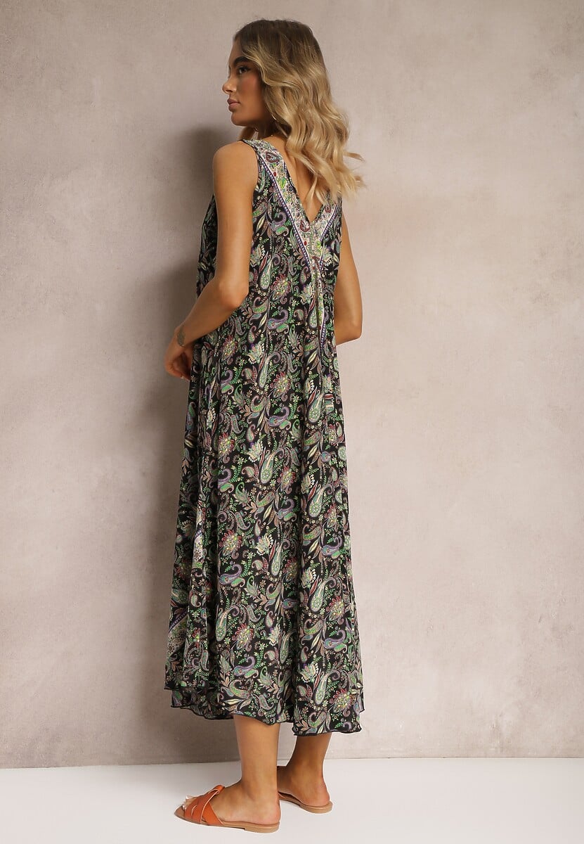 Rochie Neagră-Verde din Viscoză cu Croi Evaseu Fără Mâneci Fradea 3