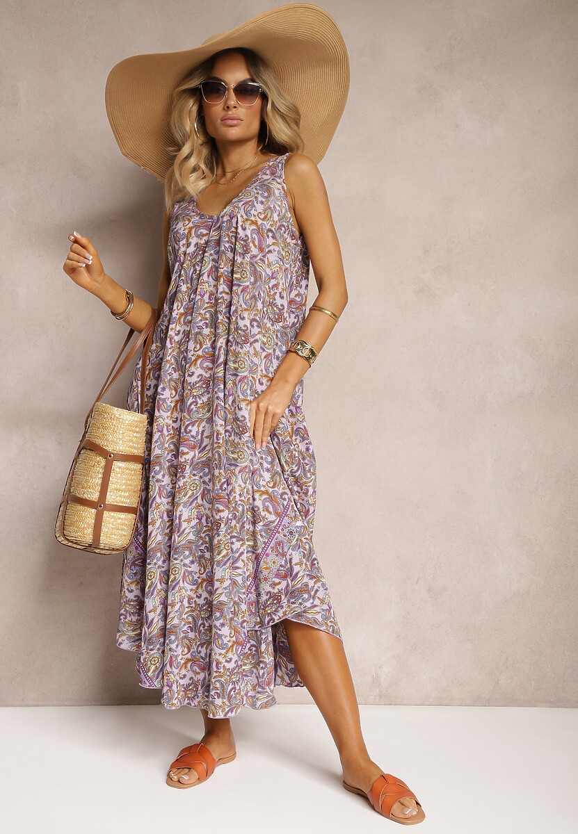 Rochie violetă din viscoză cu croială evazată fără mâneci Fradea 1