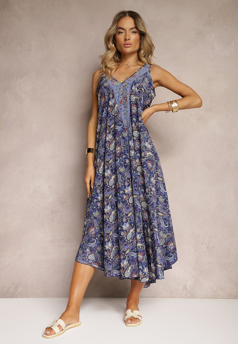 Rochie bleumarin din viscoză cu croi evazat fără mâneci Fradea 2