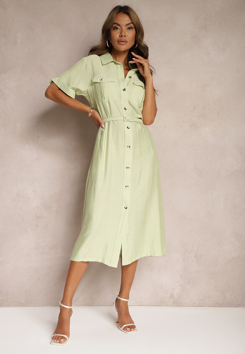 Rochie Verde din Viscoză cu Croi Cambrat cu Curea Nelsines 1