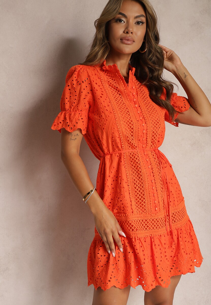 Rochie portocalie Boho din bumbac decorată cu model ajurat volan și curea Nelah 1