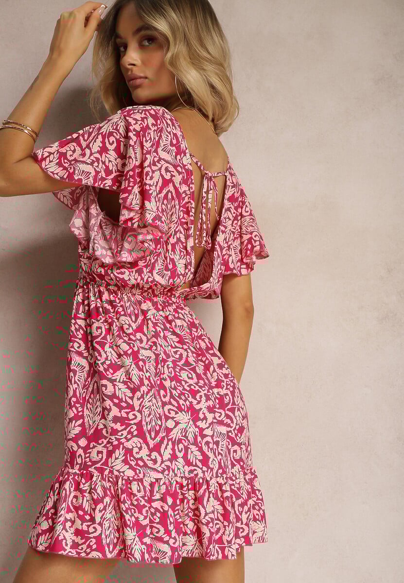 Rochie Fucsia din Bumbac cu Croi Clos Ornată cu Volane și Elastic în Talie Neliaura 1