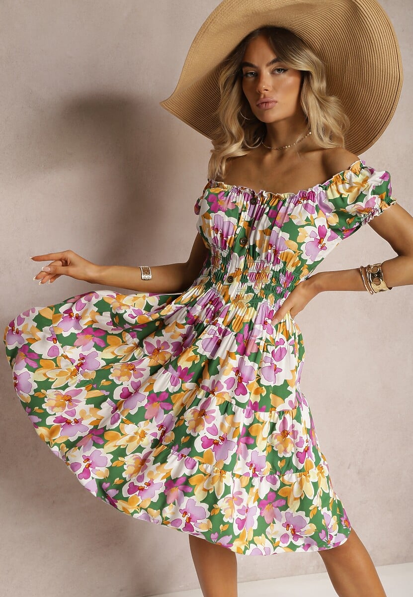 Rochie Vero-Roz Talia Imprimeu Floral din Bumbac cu Elastic in Talie si Nasturi Nelianne 1