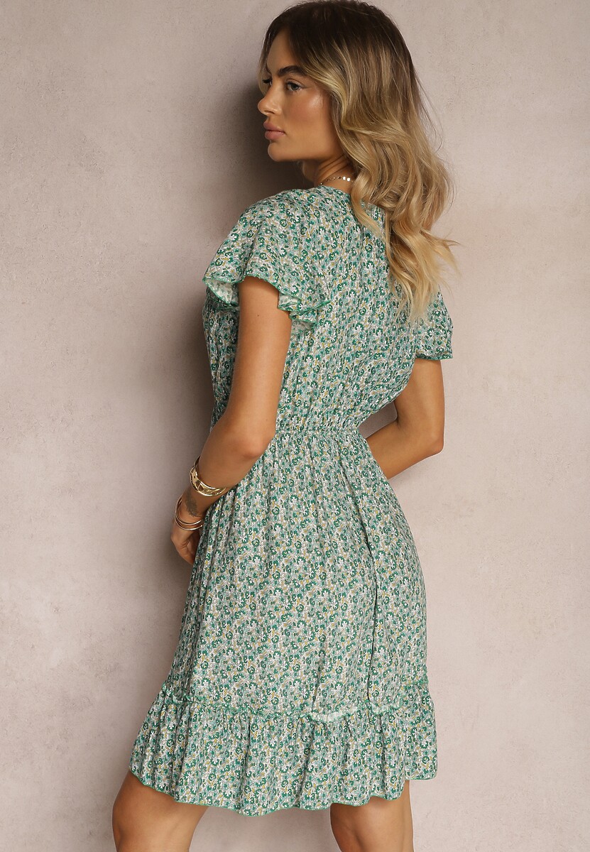 Rochie Verde din Bumbac cu Flori cu Elastic în Talie Decorată cu Volane Neliera 3