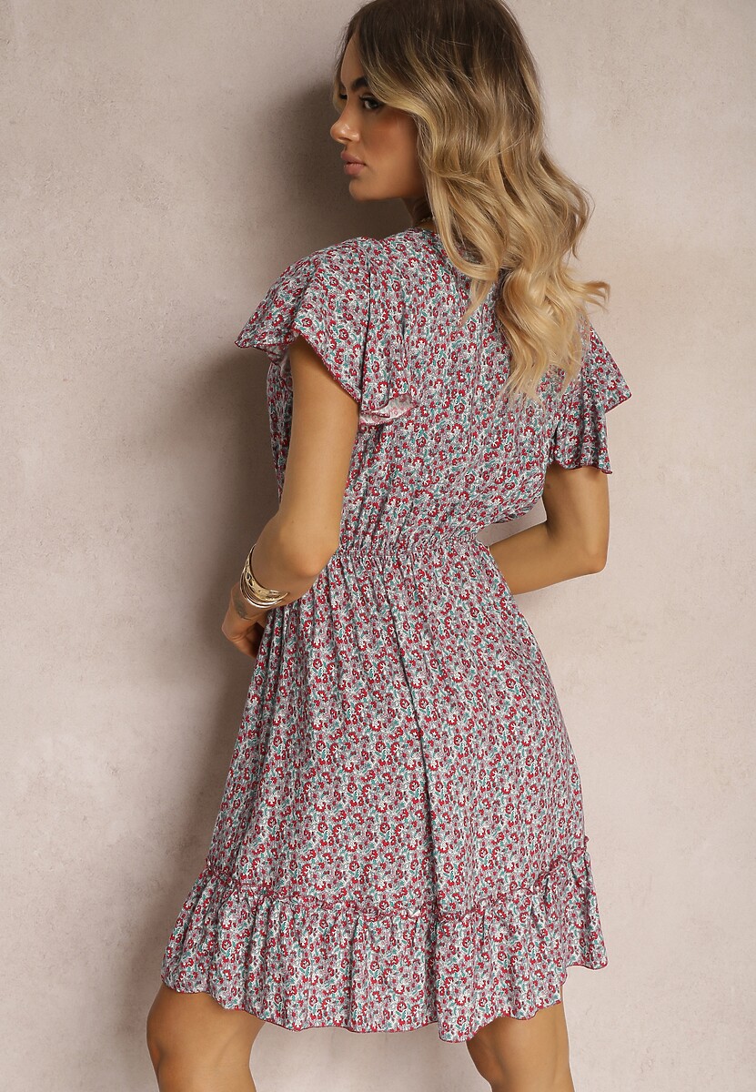Rochie Bordo din Bumbac cu Flori cu Elastic în Talie Ornată cu Volane Neliera 3