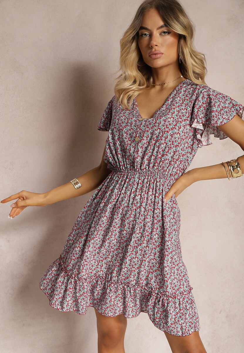 Rochie Bordo din Bumbac cu Flori cu Elastic în Talie Ornată cu Volane Neliera 1