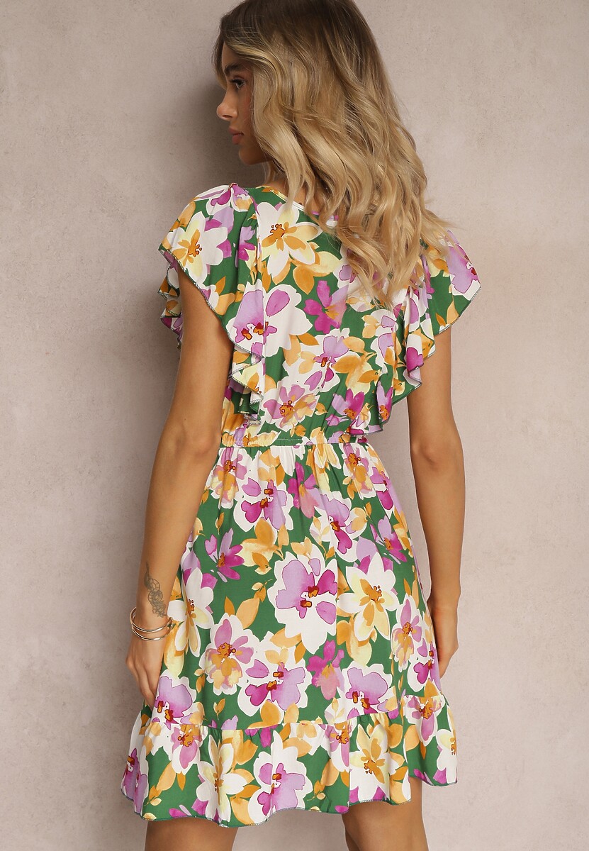 Rochie Verde-Roz Talia Imperiu Bumbac Flori Volane Umeri Elastic Talie Nelova 3