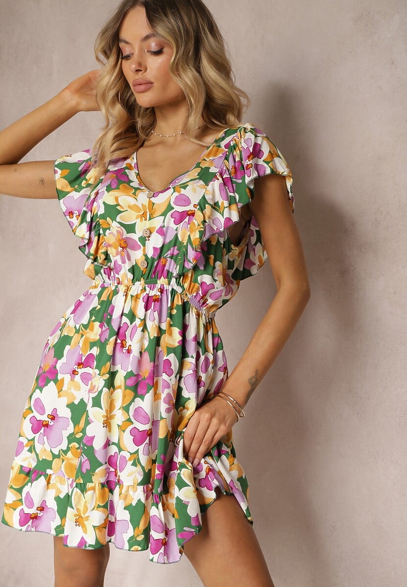 Rochie Verde-Roz Talia Imperiu Bumbac Flori Volane Umeri Elastic Talie Nelova 1