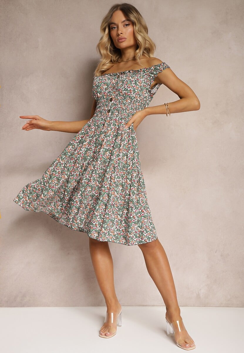 Rochie verde-roz clos din bumbac cu elastic in talie Nelyssa 1