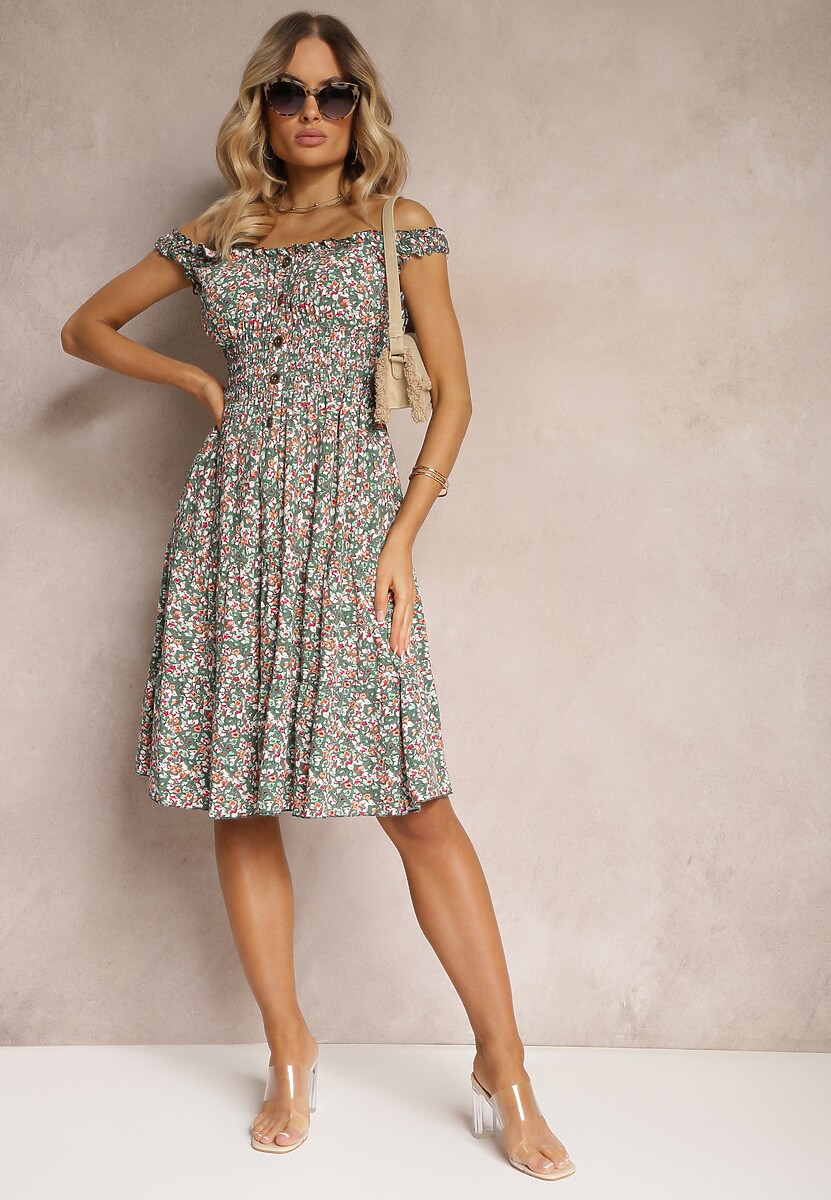 Rochie verde-roz clos din bumbac cu elastic in talie Nelyssa 2
