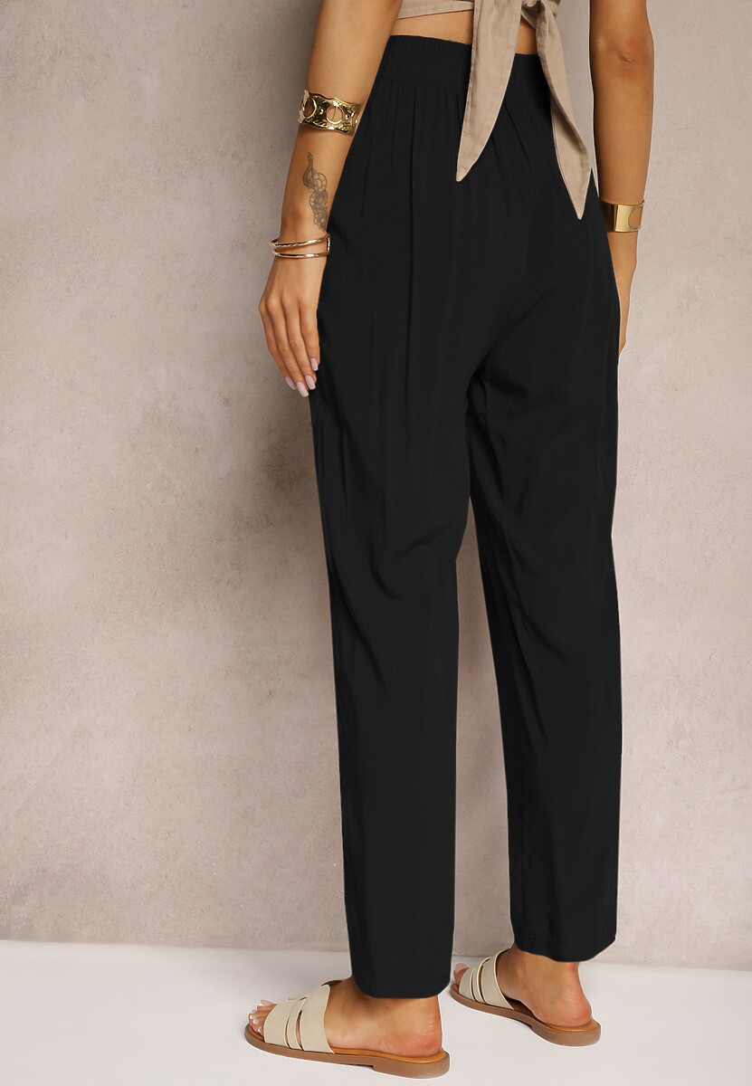 Czarne Spodnie Paper Bag High Waist z Bawełny z Gumką w Talii Emorea 3