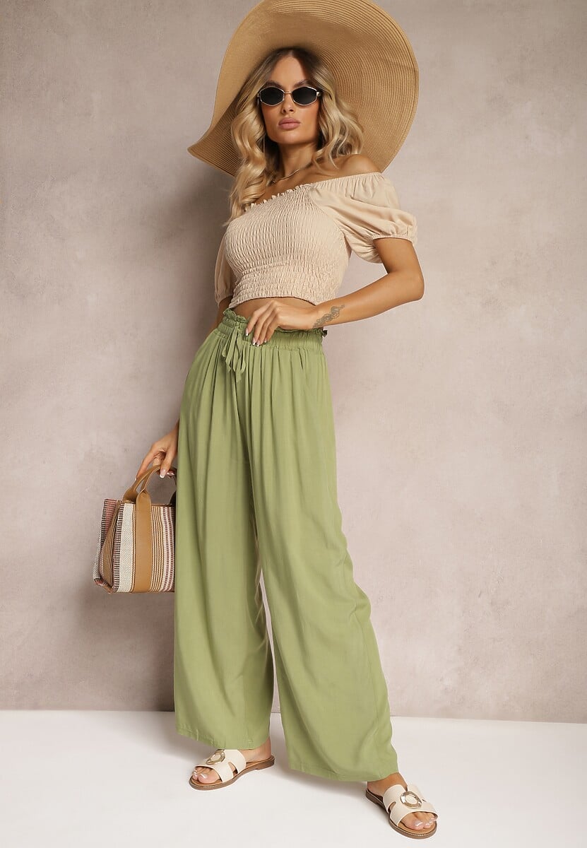 Pantaloni Palazzo Verde Deschis din Bumbac cu Talie Înaltă și Elastic în Talie Nelsaria 1