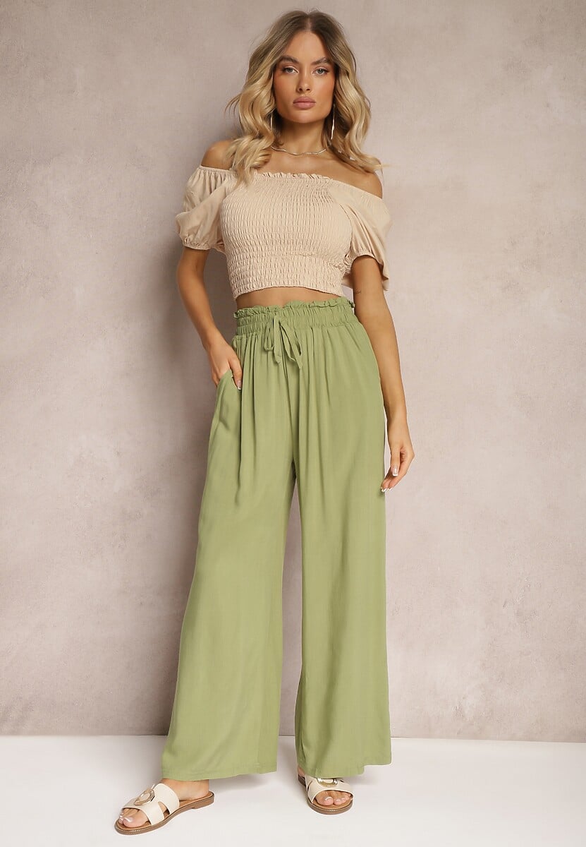 Pantaloni Palazzo Verde Deschis din Bumbac cu Talie Înaltă și Elastic în Talie Nelsaria 2