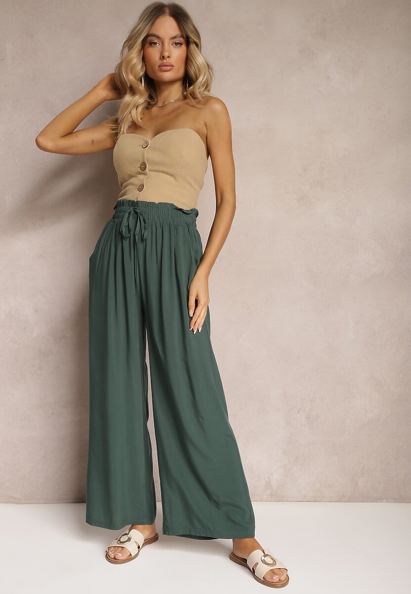 Pantaloni verzi din bumbac cu talie înaltă cu picioare largi și elastic în talie Clisea 2