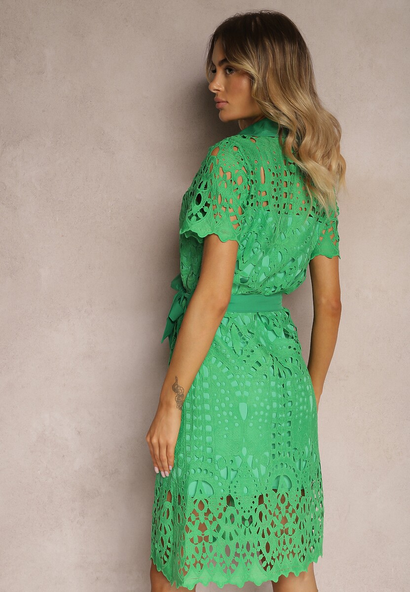 Rochie Verde Cămașă Ajurată Cu Fundă În Talie Lonnija 3