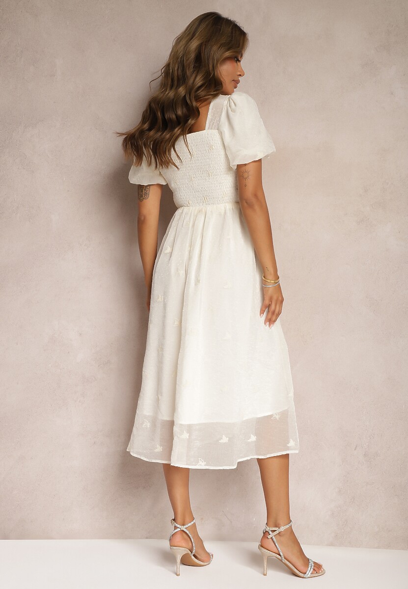 Rochie Cocktail Bej Cu Talia Marcată din Bumbac cu Mâneci Bufante Glosea 3