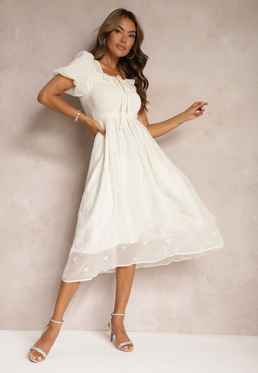 Rochie Cocktail Bej Cu Talia Marcată din Bumbac cu Mâneci Bufante Glosea 1