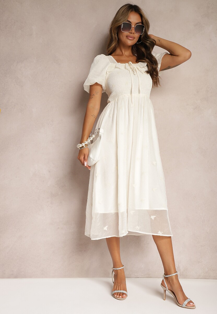 Rochie Cocktail Bej Cu Talia Marcată din Bumbac cu Mâneci Bufante Glosea 2