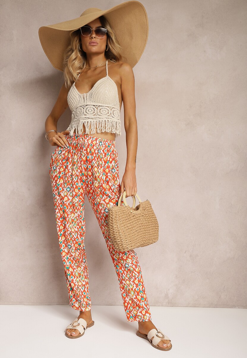 Pantaloni portocalii din viscoză cu croială clasică High Waist cu elastic în talie Dalfea 2