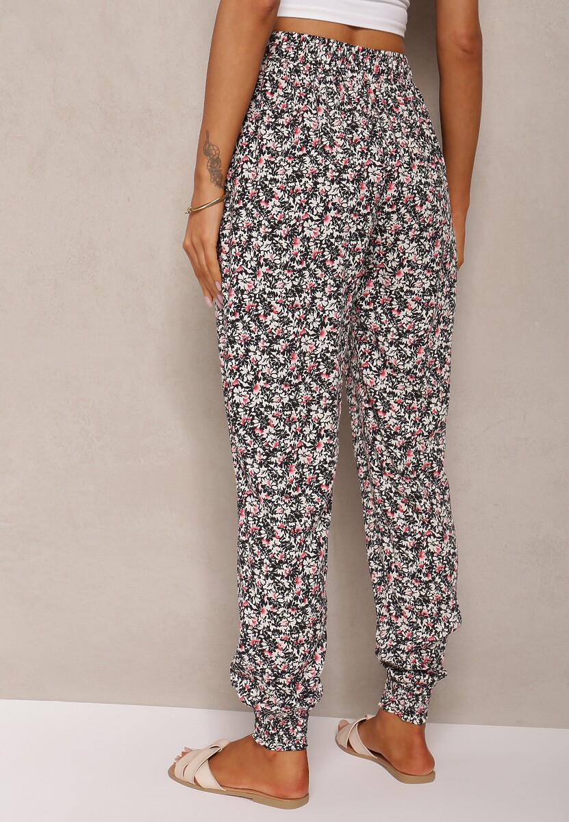 Czarno-Różowe Wiskozowe Spodnie High Waist z Gumką w Talii Amnena 3