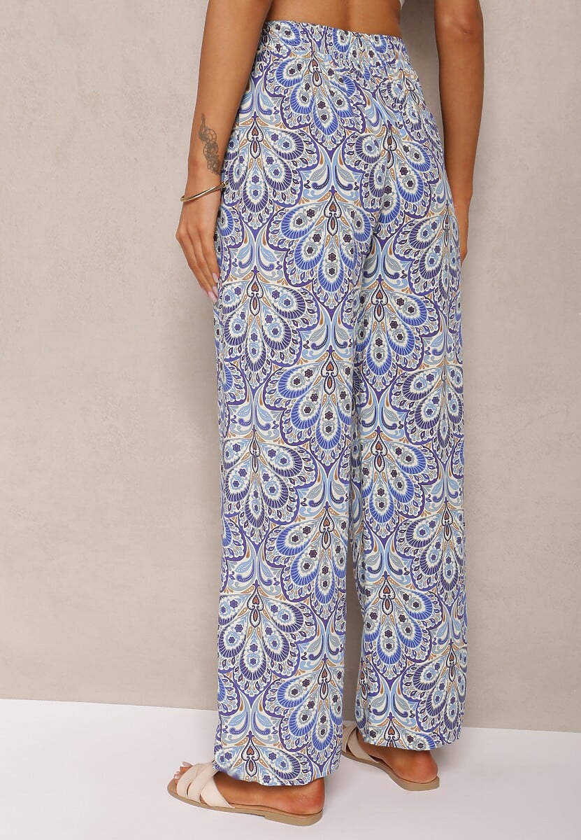 Niebieskie Boho Spodnie z Wiskozy High Waist z Szerokimi Nogawkami i Gumką w Pasie Walnena 3