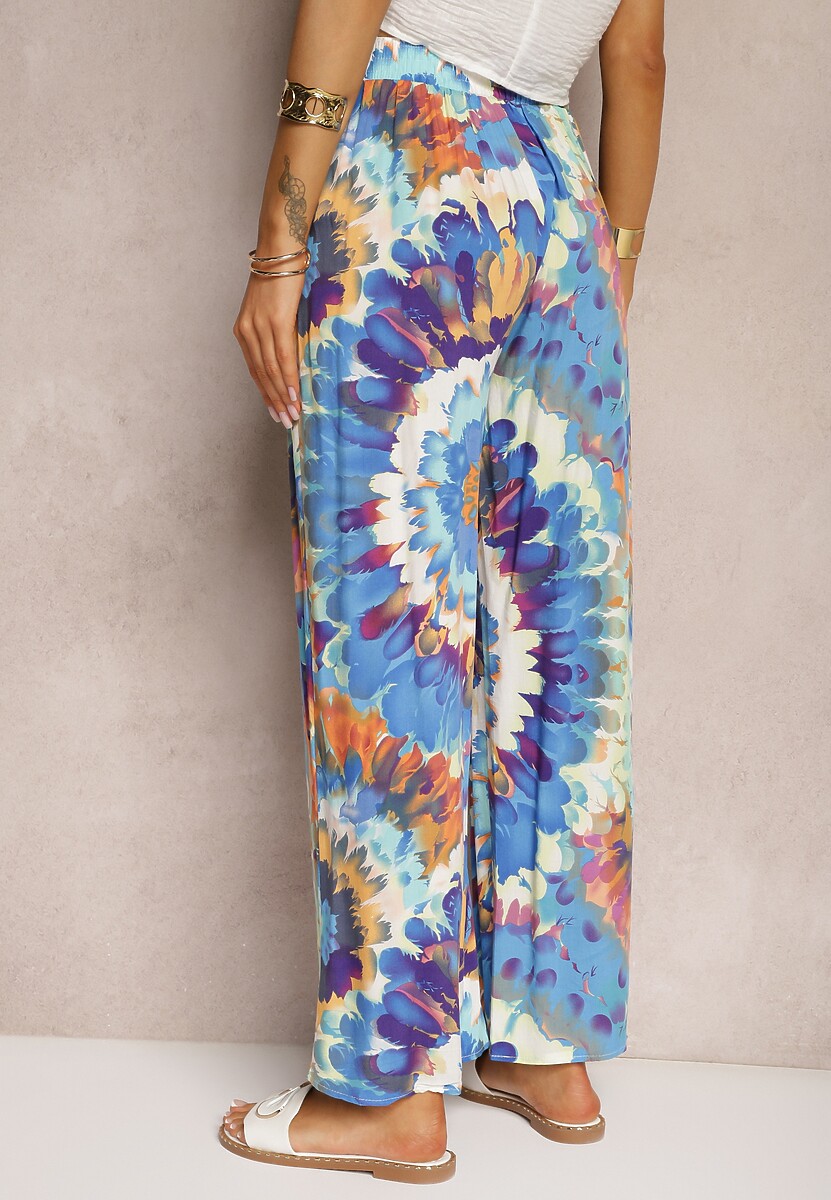 Pantaloni albaștri din viscoză cu croială largă talie înaltă tie dye cu elastic în talie Nalflea 3