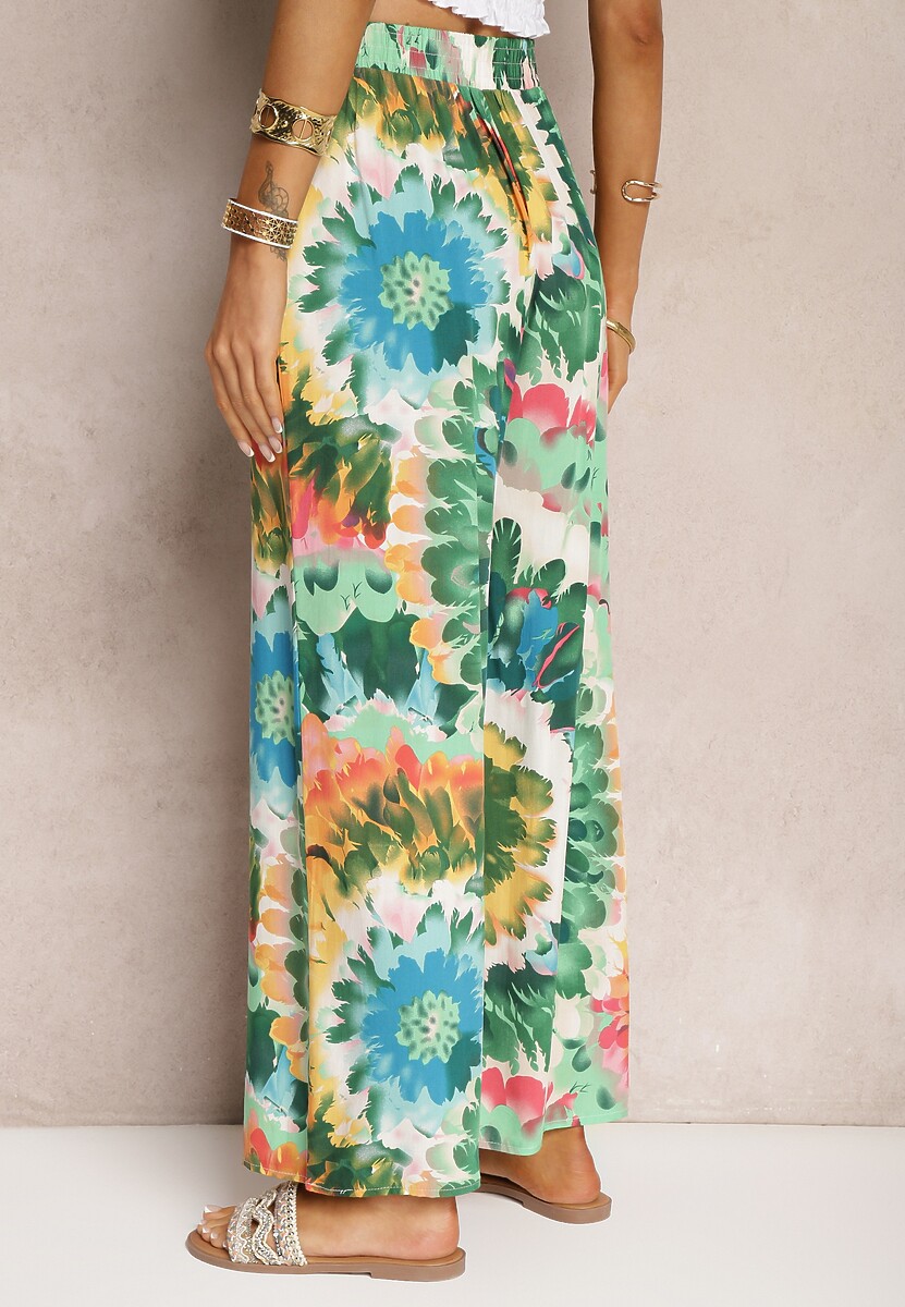 Pantaloni verzi din viscoză cu croială largă talie înaltă tie-dye cu elastic în talie Nalflea 3