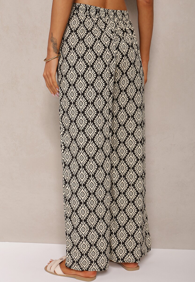 Czarno-Beżowe Szerokie Spodnie z Wiskozy High Waist w Geometryczny Wzór z Gumką w Talii Rivanorie 3